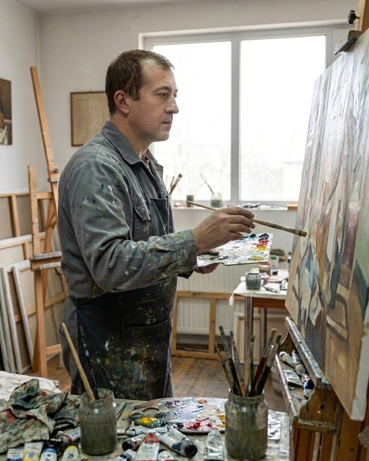 Krisztián festés közben a műteremben, a 2010-es évek közepe táján